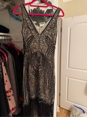 Beaded V-Neck Fringe Evening Dress - Black